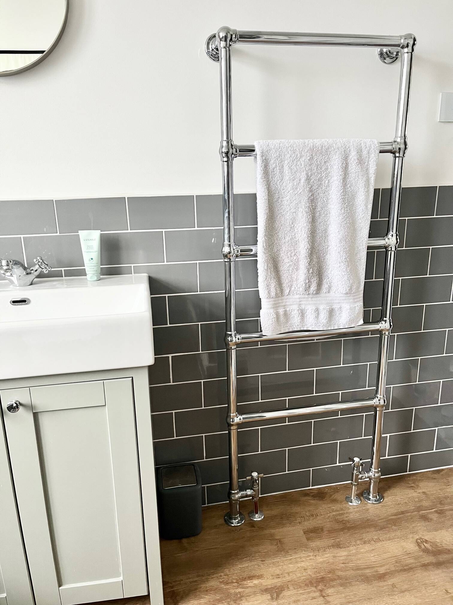 Traditional towel rail Grey bathroom grey metro tiles